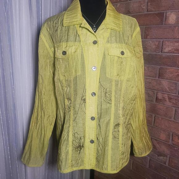 Chico's Chartreuse Sheer Taffeta-Like Button-Up Textured Floral - Sz 2 (Lg) - Picture 2 of 9